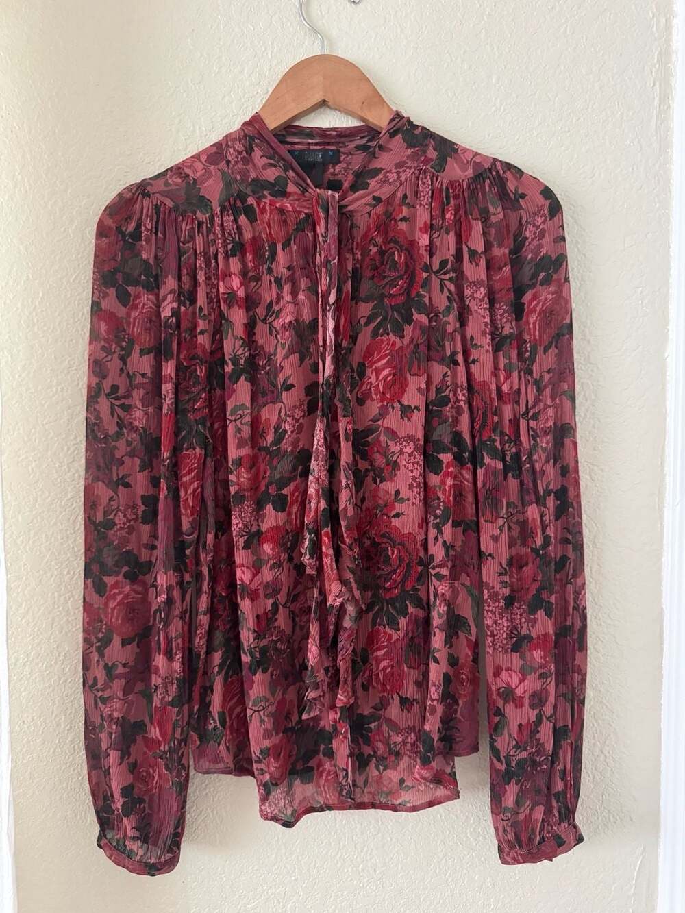 PAIGE Women's Floral Print Pleated Tie-Neck Blouse Size S